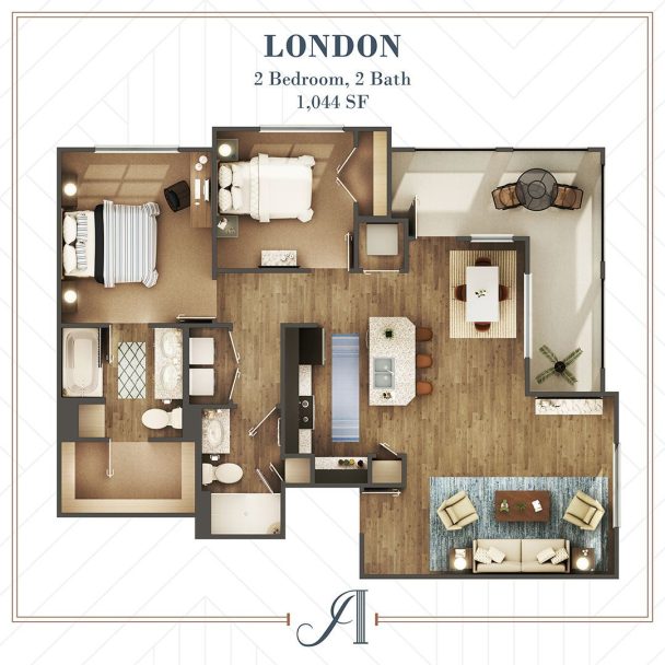 the floor plan for a two bedroom apartment at The Auberge of Burleson