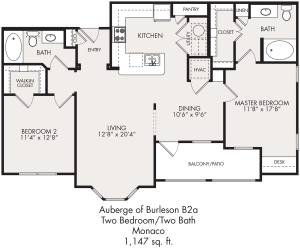 the floor plan for a two bedroom apartment at The Auberge of Burleson